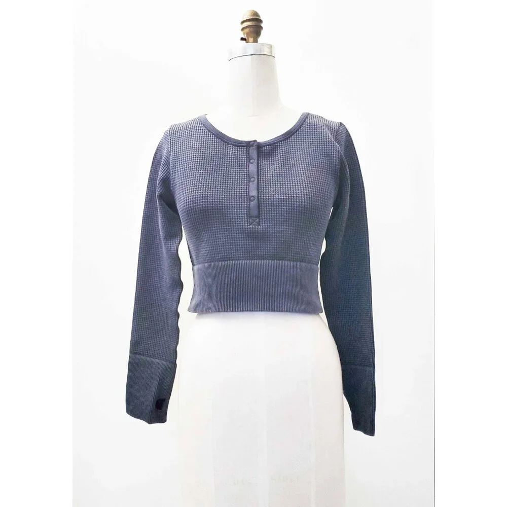 Aerie Womens Grey Offline Main Squeeze Waffle Weave Crop Top Henley Sweatshirt L